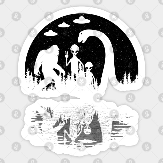 Bigfoot Loch Ness Monster And Aliens Sticker by Tesszero